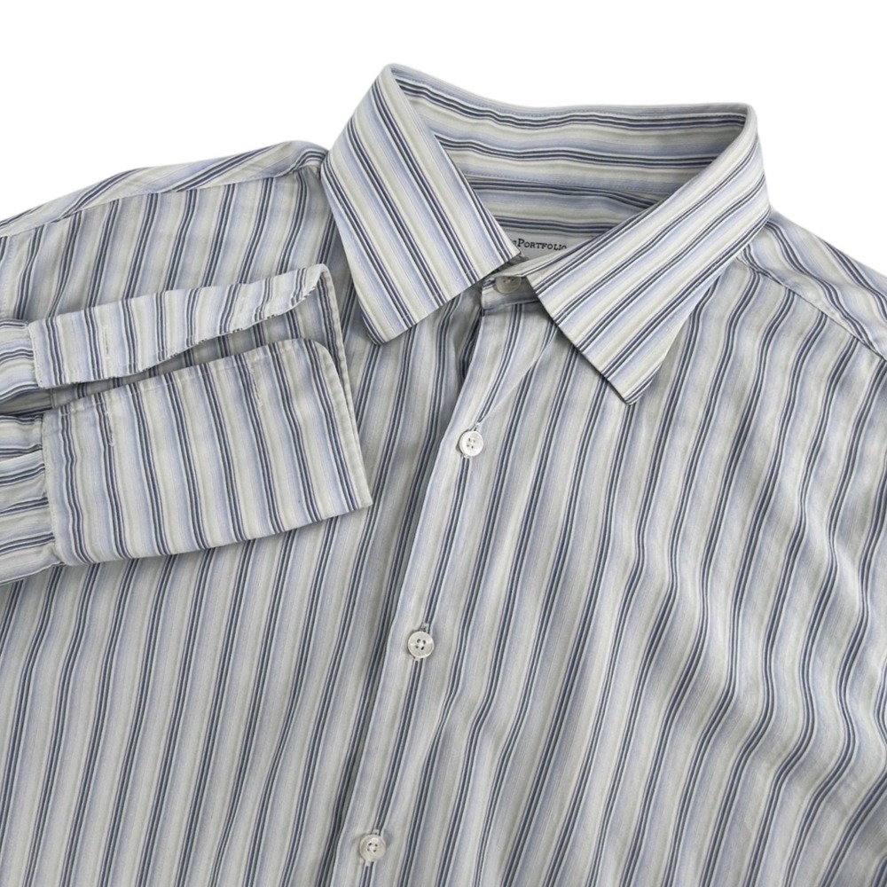 Perry Ellis Portfolio Dress Shirt Mens 16 32/33 Blue White Striped‎ French Cuffs
